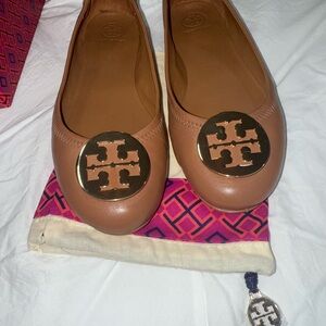 Tory Burch Brown Leather Loafers with Gold Emblem